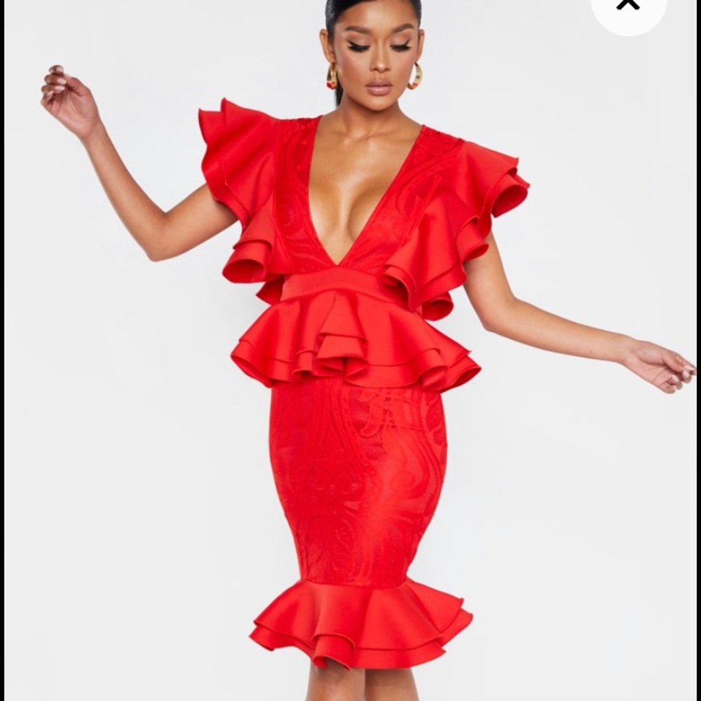 PLT red ruffle detail plunge midi dress